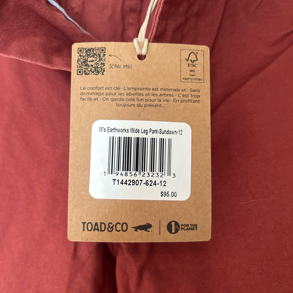 Toad&Co Brick Red Cotton Wide-Leg Pants. 12. NWT. - Picture 5 of 8